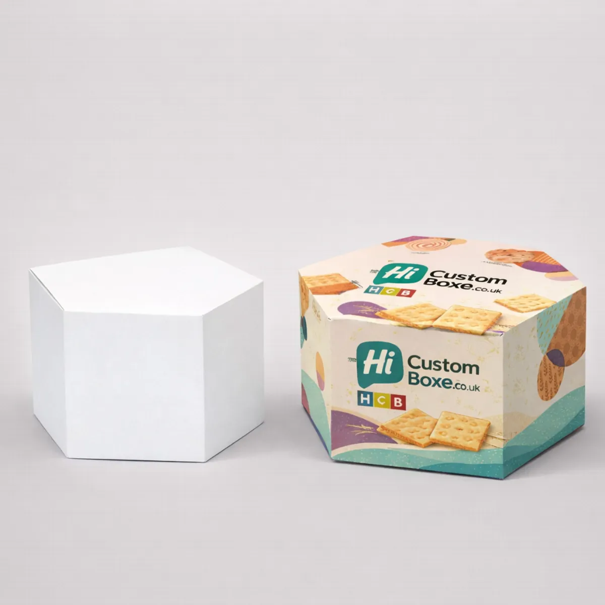 Hexagonal cracker packaging featuring colourful abstract patterns- product branding- and a plain white mock-up- class=